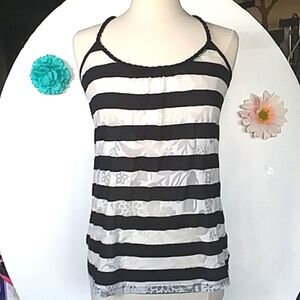 Tank Top Semi Sheer Burn Out Floral Pattern Black White Stripe Nautical Y2K M